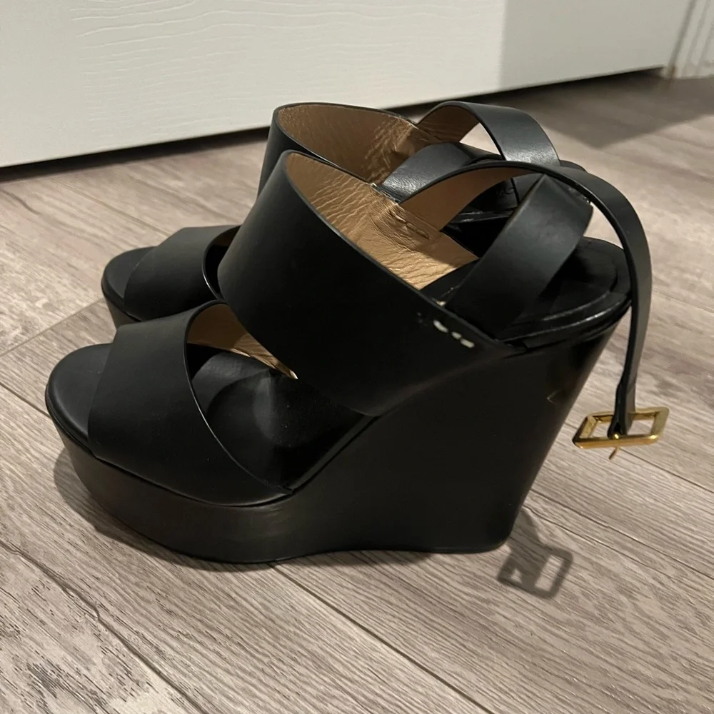 Chloe Black Wedge Sandals with Gold Buckle - Picture 1 of 5